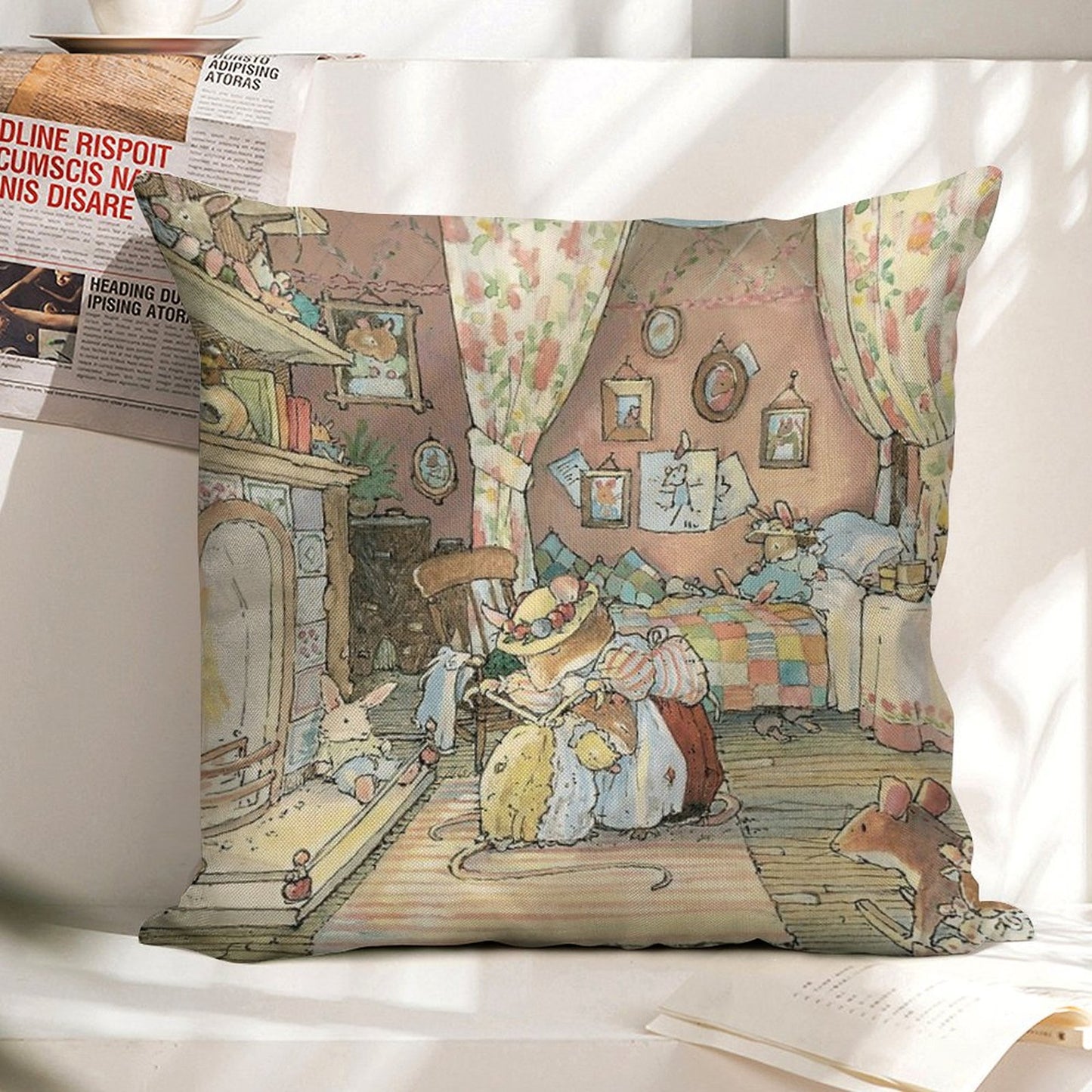 Lady Woodmouse Gets Primrose Ready for Bed Linen Throw Pillow Cover