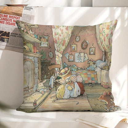 Lady Woodmouse Gets Primrose Ready for Bed Linen Throw Pillow Cover