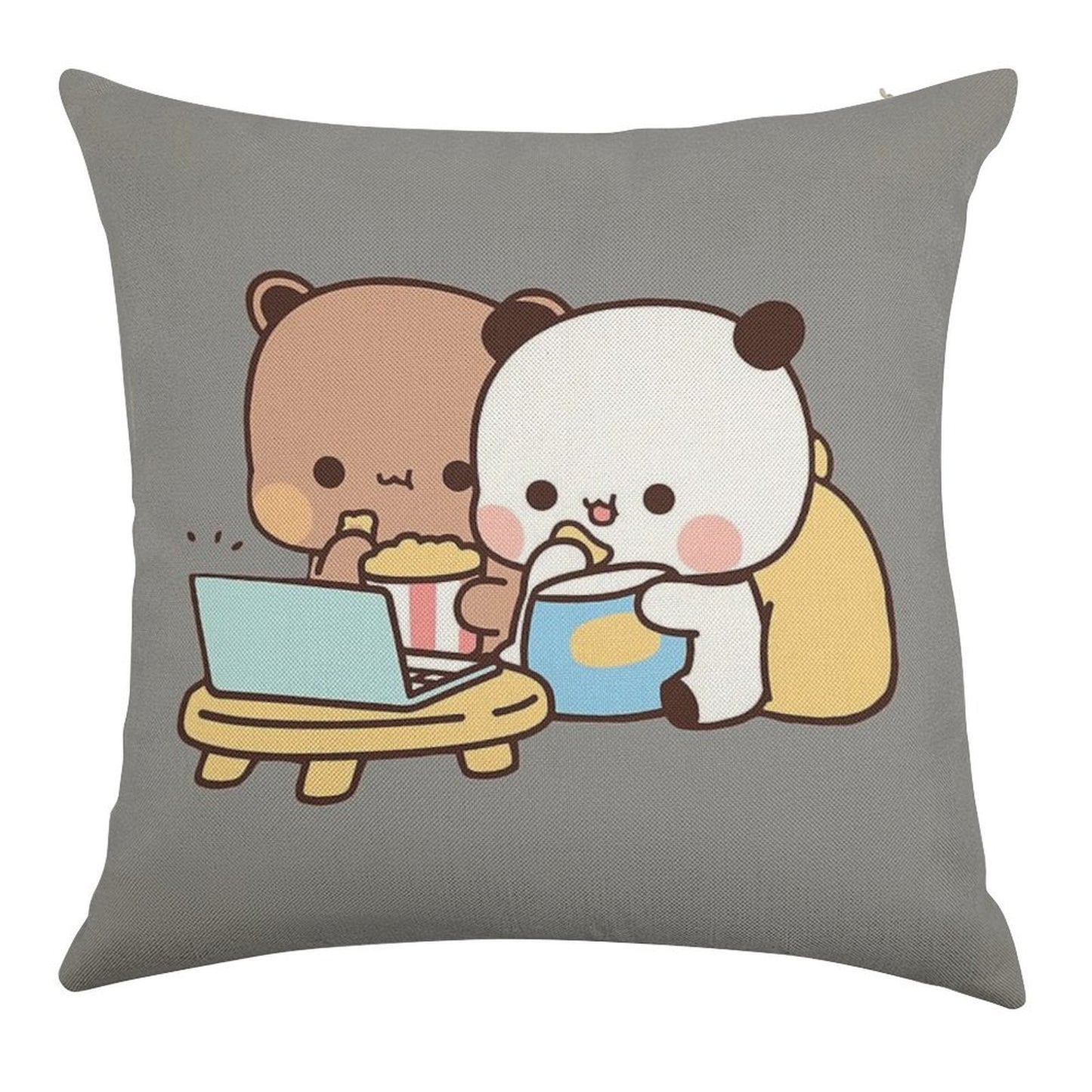 DuDu Bear And BuBu Panda Watching Movie Together❤️ Linen Throw Pillow Cover