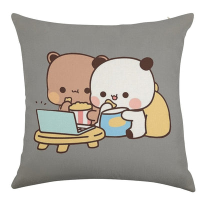 DuDu Bear And BuBu Panda Watching Movie Together❤️ Linen Throw Pillow Cover