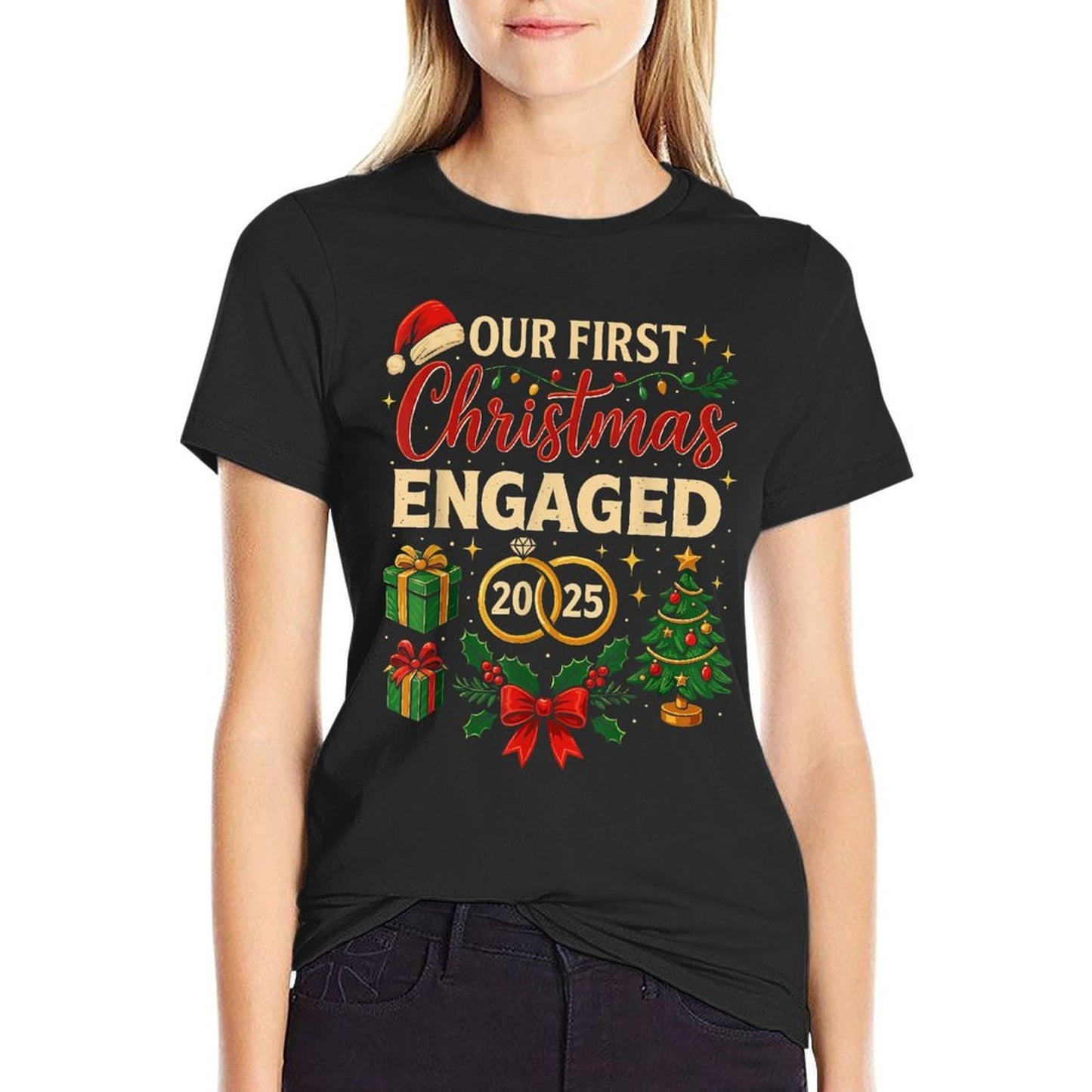 Our First Christmas As Engaged 2025, Matching Xmas  Wrinkle-resistant T-Shirt