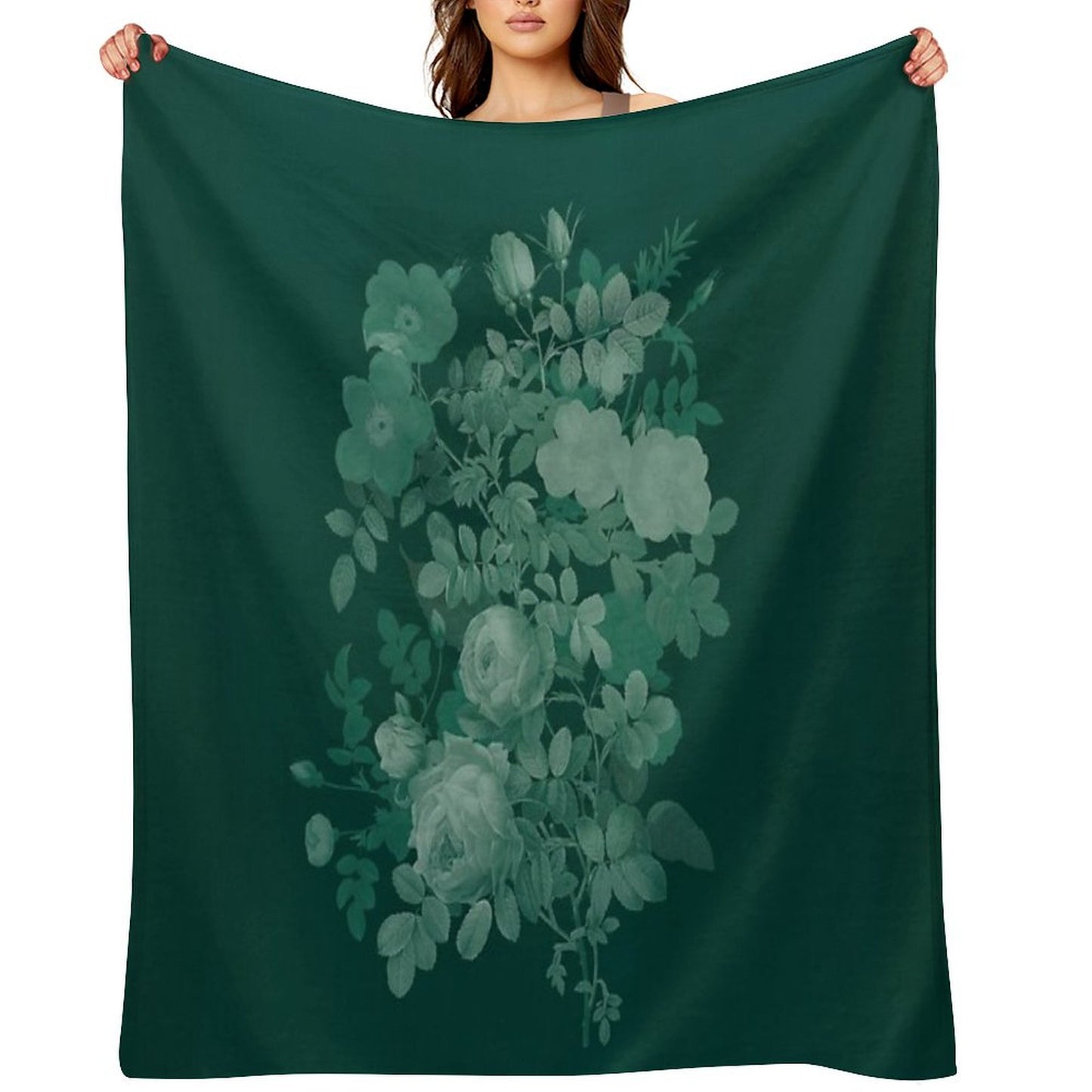 Dark Green Floral Collage, Bottle Green Monochrome Roses Bouquet Throw Blanket