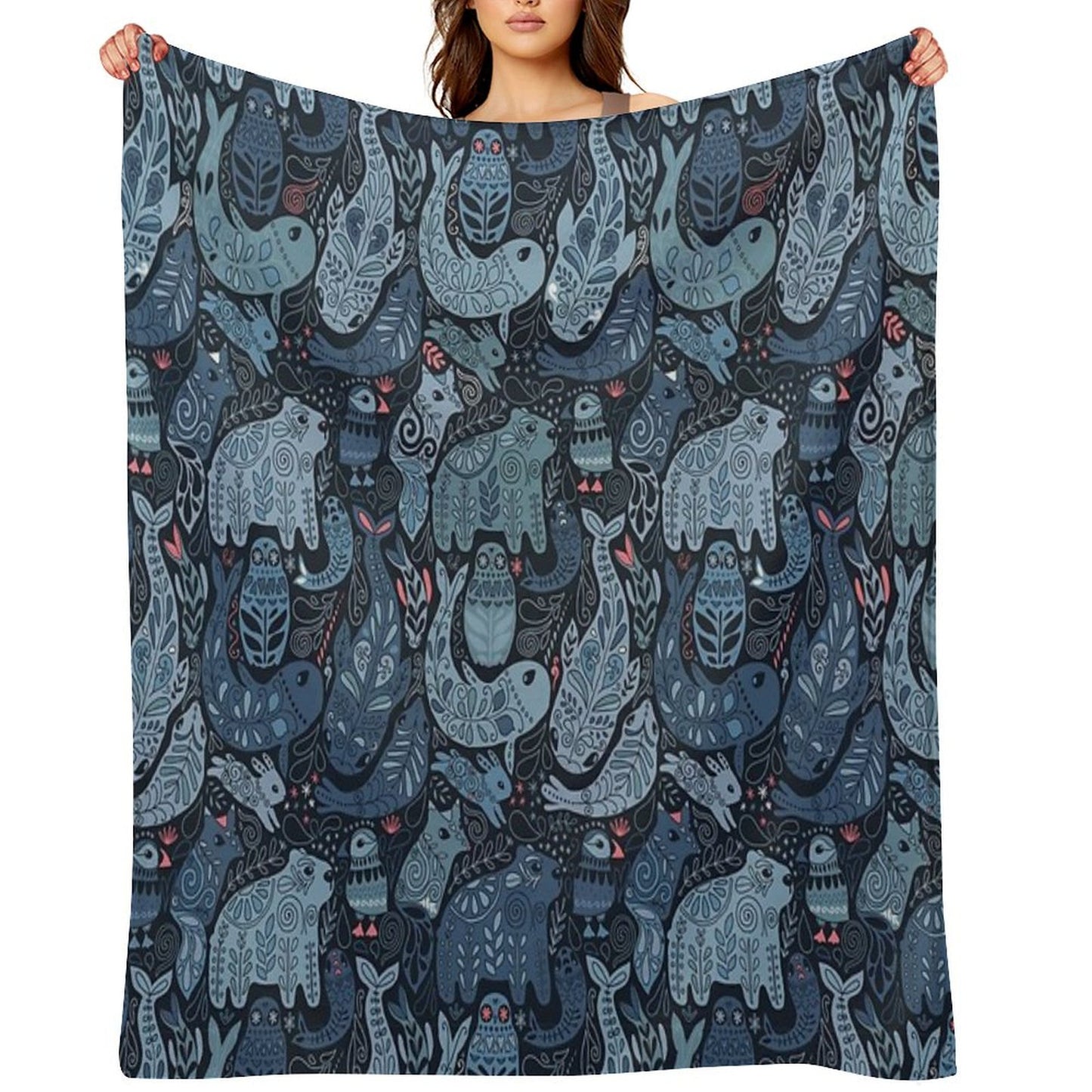 Arctic Animals. Narwhal, Polar Bear, Whale, Puffin, Owl, Fox, Bunny, Seal. Throw Blanket
