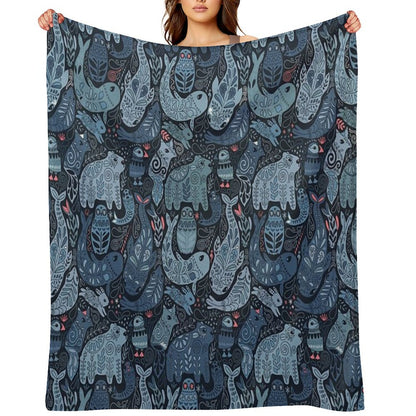 Arctic Animals. Narwhal, Polar Bear, Whale, Puffin, Owl, Fox, Bunny, Seal. Throw Blanket