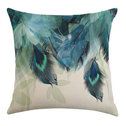 Peacock Feathers Turquoise Linen Throw Pillow Cover
