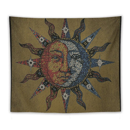 Vintage Celestial Mosaic Sun & Moon Tapestry
