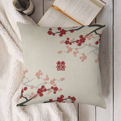 Red Oriental Cherry Blossoms on Ivory And Chinese Wedding Double Happiness  Japanese Sakura © Fatfatin Linen Throw Pillow Cover