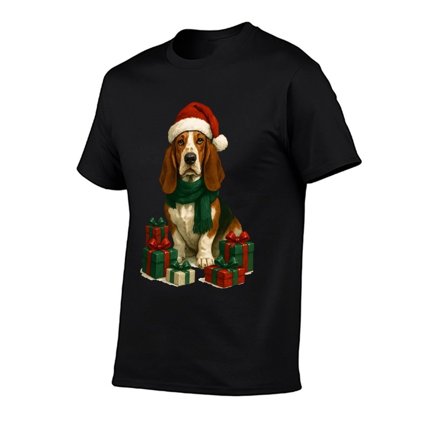 Christmas Basset Hound with Santa Claus Hat, Cute  Cotton T-Shirt