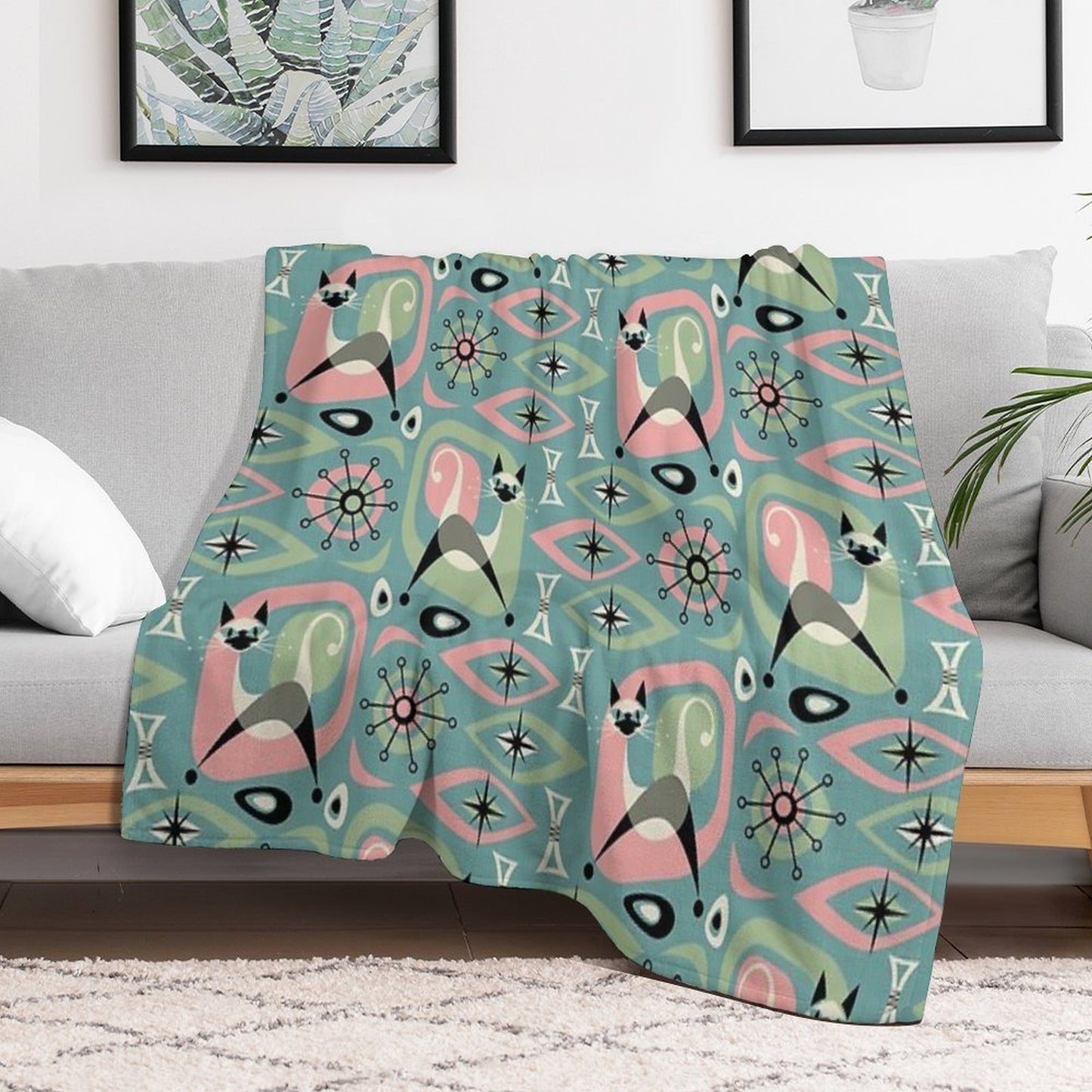 Mid Century Siamese Cat Abstract on Blue Throw Blanket