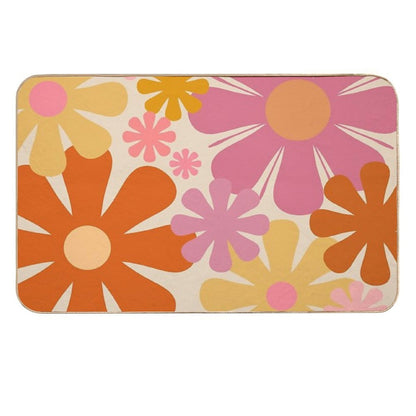 Retro 60s 70s Flowers - Vintage Style Floral Pattern in Thulian Pink, Orange, Mustard, And Cream  Long-Lasting Bath Mat