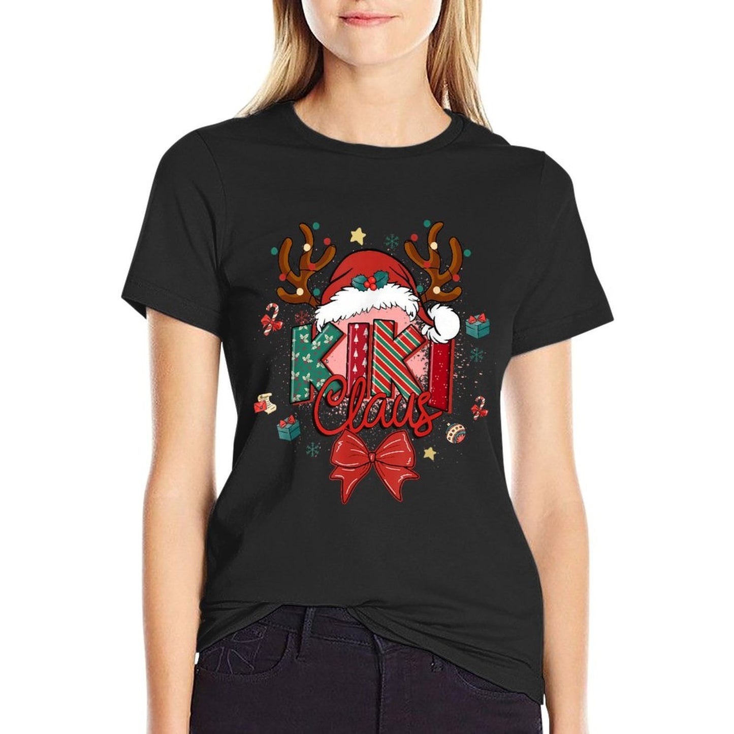 Christmas Kiki Claus Coquette Bow Reindeer Xmas Women  Heathered Texture T-Shirt