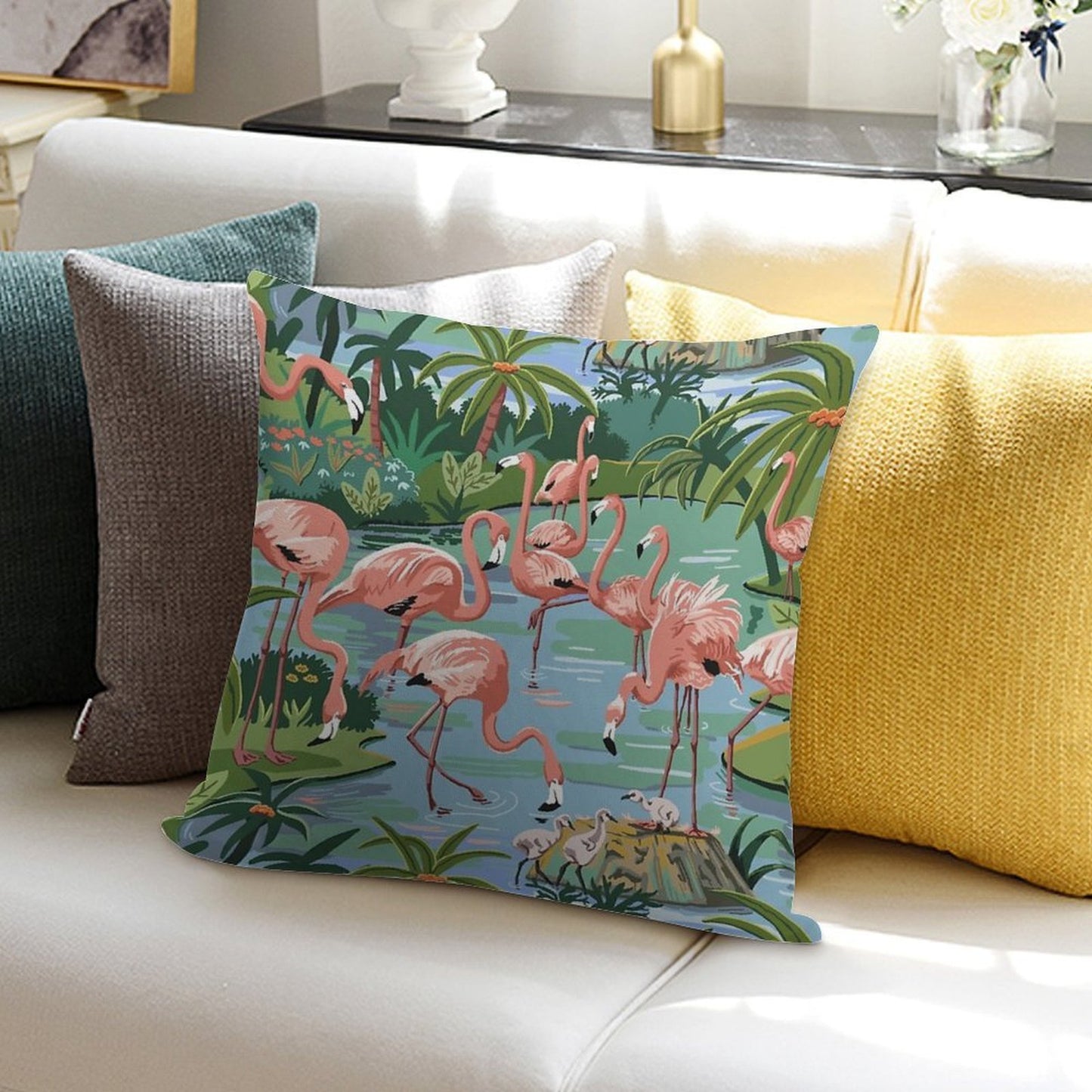 Flamingo Lagoon Vintage Style Paint by Number Soft Anti-Pilling Throw Pillow