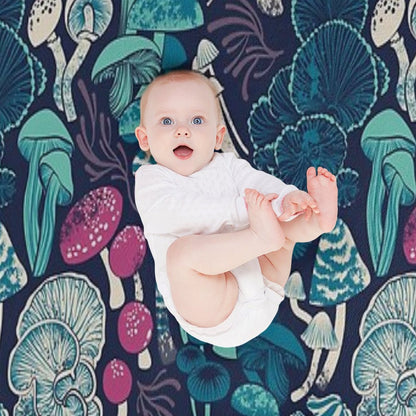 Mystical Fungi  Midnight Blue Background Mint Teal And Dark Pink Wild Mushrooms Throw Blanket