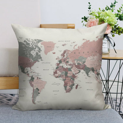 Map of The World in Pink And Green Linen Throw Pillow Cover