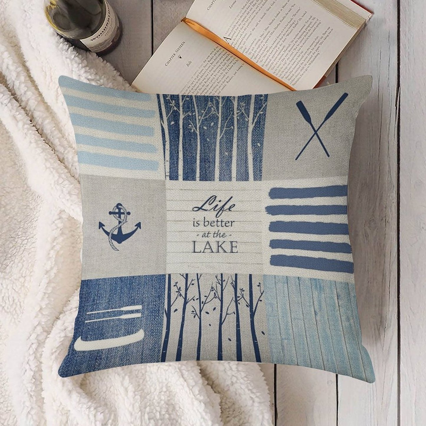 Life Is Better at The Lake Patchwork Linen Throw Pillow Cover