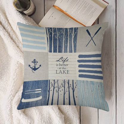 Life Is Better at The Lake Patchwork Linen Throw Pillow Cover