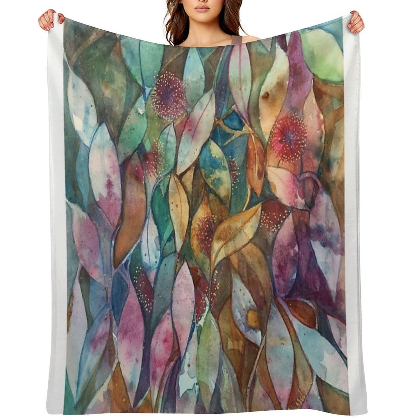 Watercolor Gum Blossoms in Green And Pink Throw Blanket