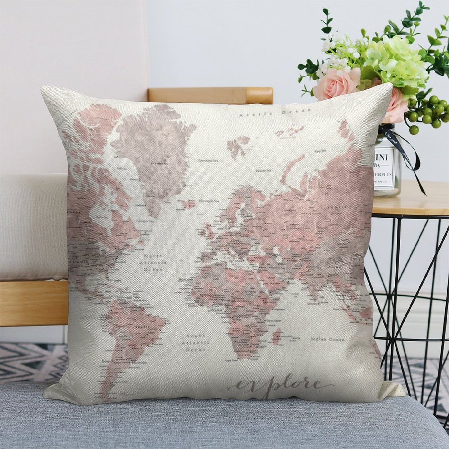 Explore - Dusty Pink And Grey Watercolor World Map, Detailed Linen Throw Pillow Cover