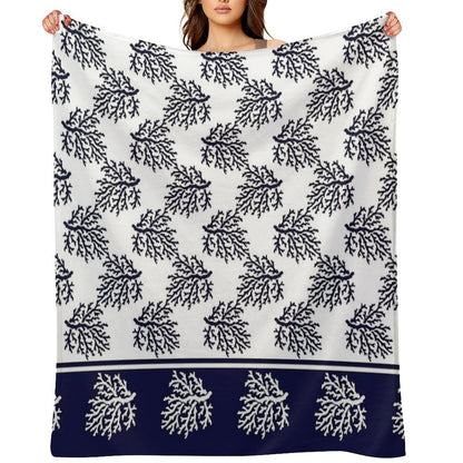 White And Navy Blue Corals Pattern Throw Blanket
