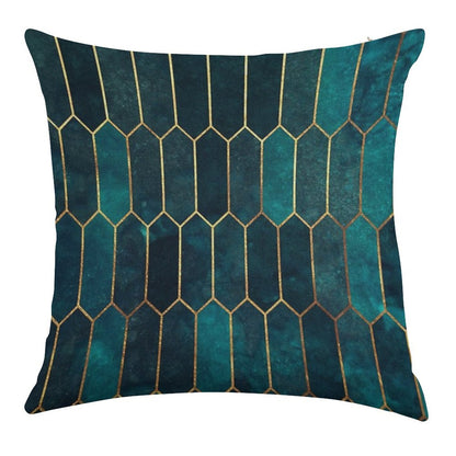 Deep Teal And Blue Gold  Pattern Linen Throw Pillow Cover