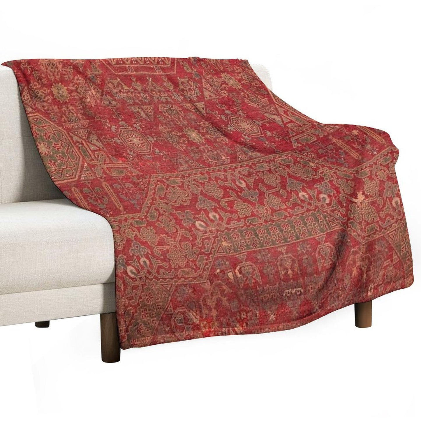Bohemian Medallion II  15th Century Old Distressed Red Green Colorful Ornate Accent Rug Pattern Throw Blanket