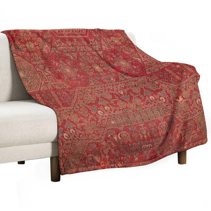 Bohemian Medallion II  15th Century Old Distressed Red Green Colorful Ornate Accent Rug Pattern Throw Blanket