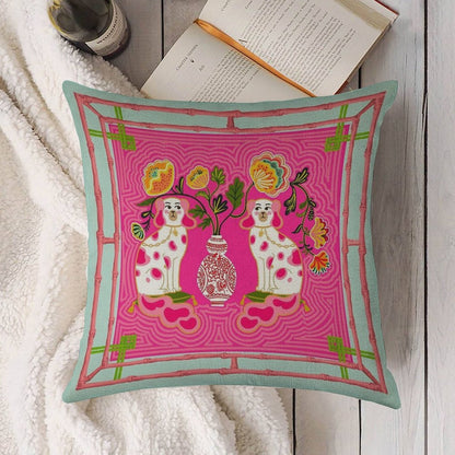 Chinoiserie Staffordshire Pink And Coral Linen Throw Pillow Cover