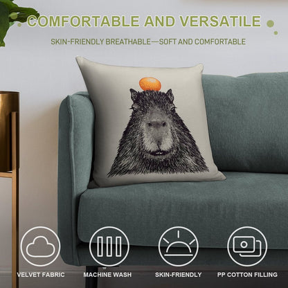 Capybara  Orange  Capy Yuzu  Capybara with Orange on Head  His Name - Gort  Portrait Soft Fade-Resistant Throw Pillow