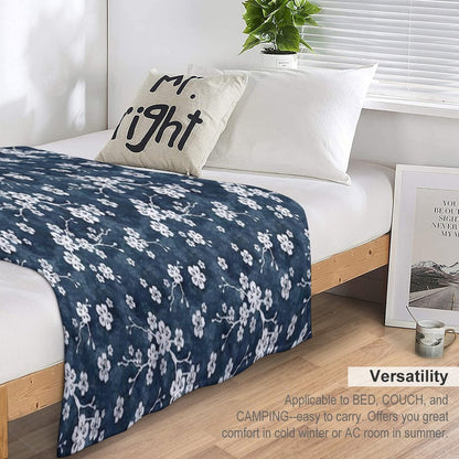 Navy And White Cherry Blossom Pattern Throw Blanket