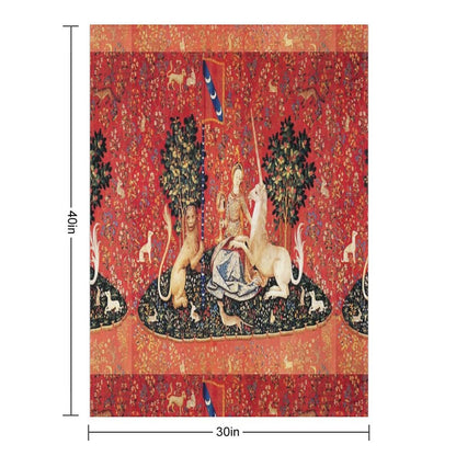 LADY AND UNICORN ,SIGHT  Red Green Fantasy Flowers,Animals Throw Blanket