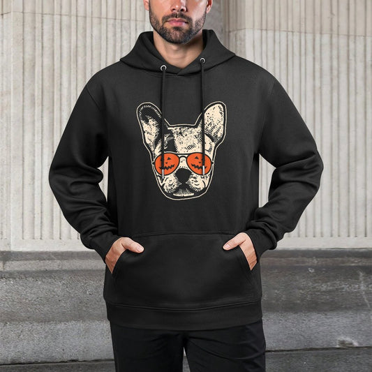 Frenchie in Pumpkin Sunglasses - French Bulldog Halloween Easy Care Hoodie
