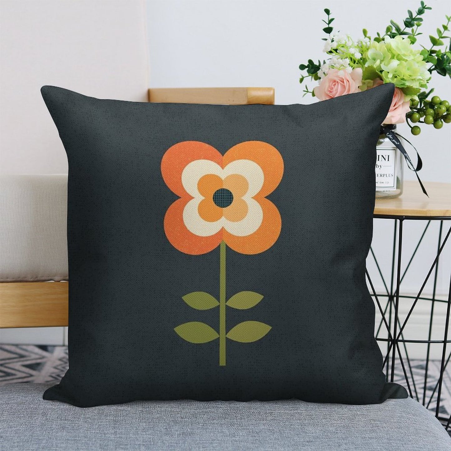 Retro Flower - Orange And Charcoal Linen Throw Pillow Cover