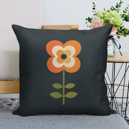 Retro Flower - Orange And Charcoal Linen Throw Pillow Cover