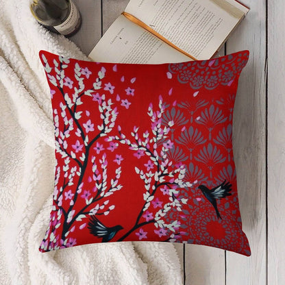 Red Cherry Blossom Linen Throw Pillow Cover