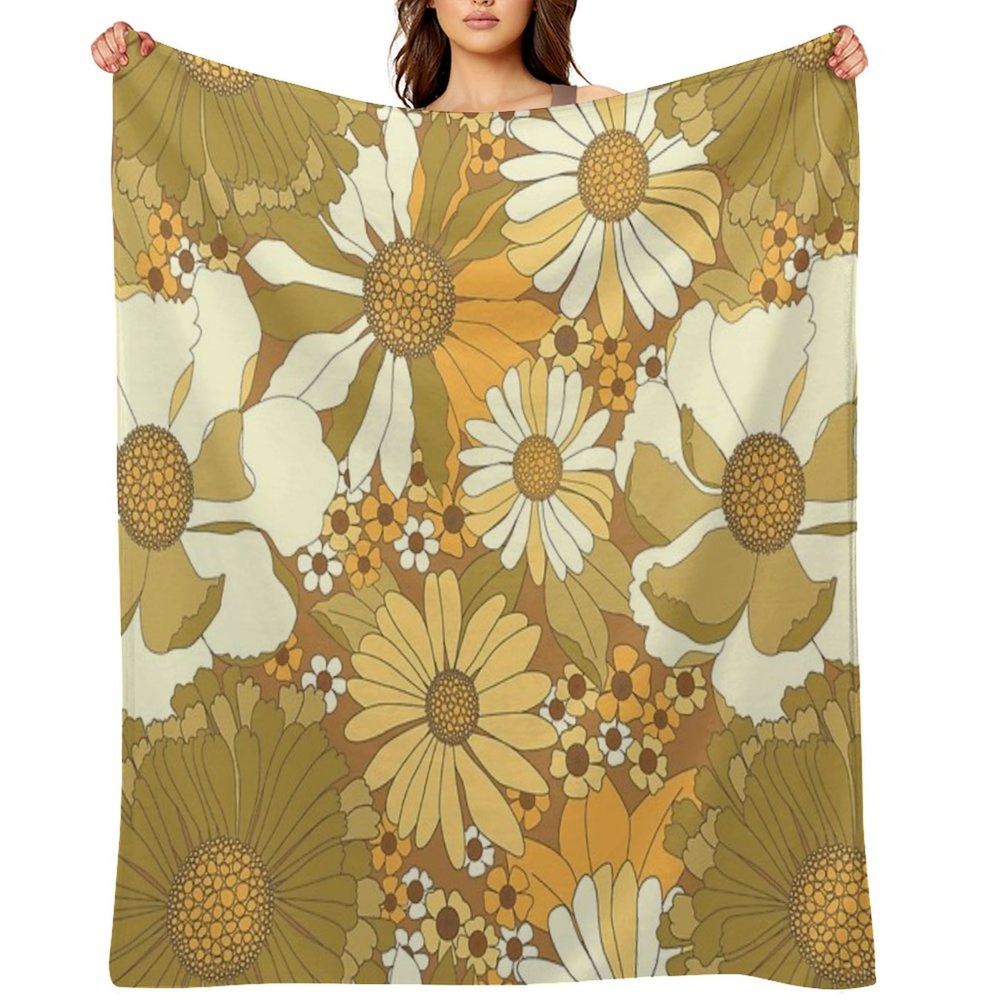 Brown, Orange, Ivory & Green Vintage Flower Pattern Throw Blanket