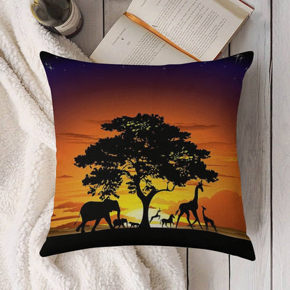 Wild Animals on African Savanna Sunset Linen Throw Pillow Cover