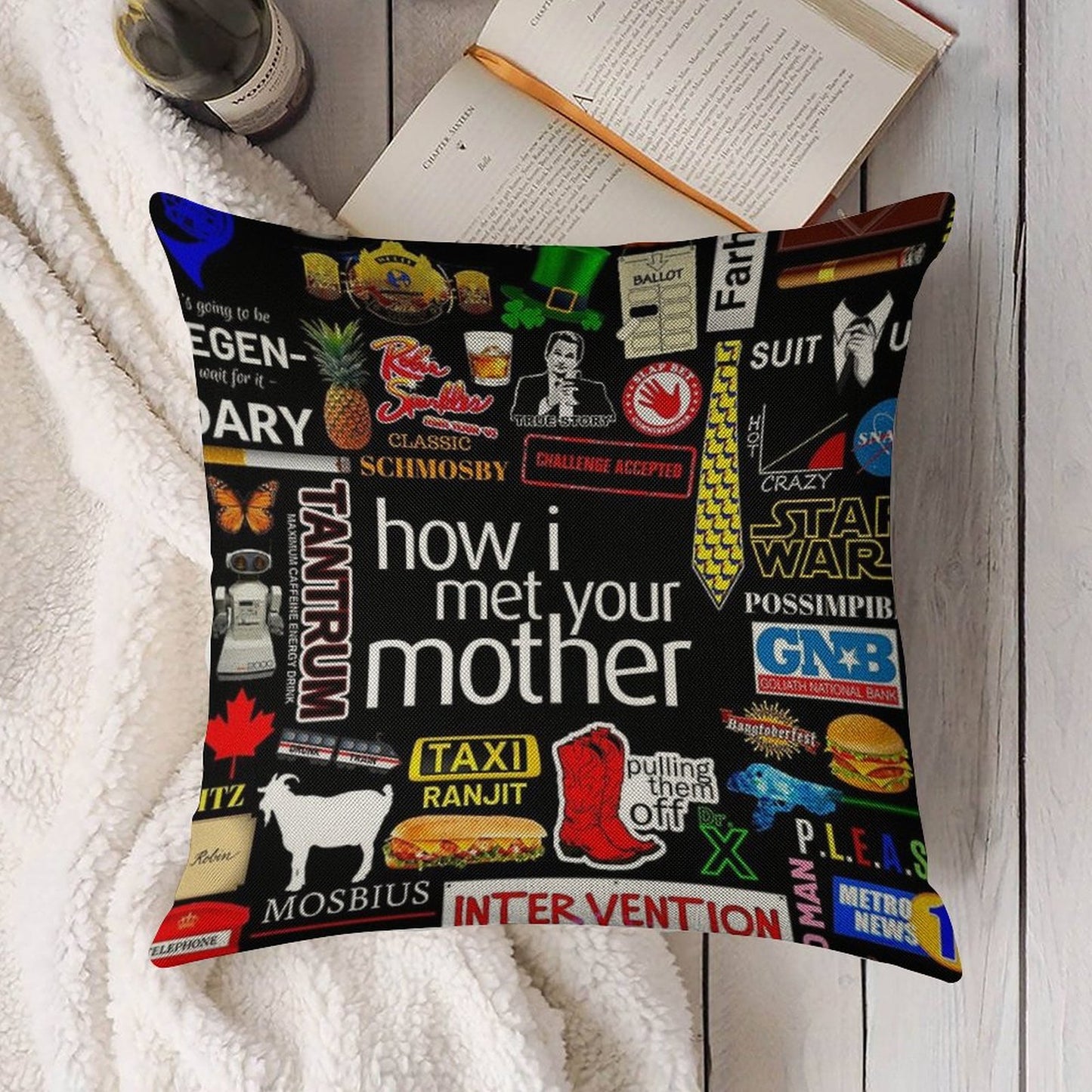 How I Met Your Mother Collage Poster Iconographic - Infographic Linen Throw Pillow Cover