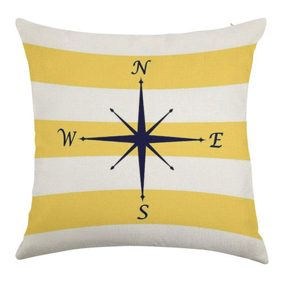 Navy Blue Compass On Mustard Yellow And White Stripes Linen Throw Pillow Cover