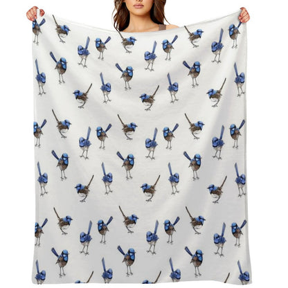Blue Wrens, Scattered on White Throw Blanket