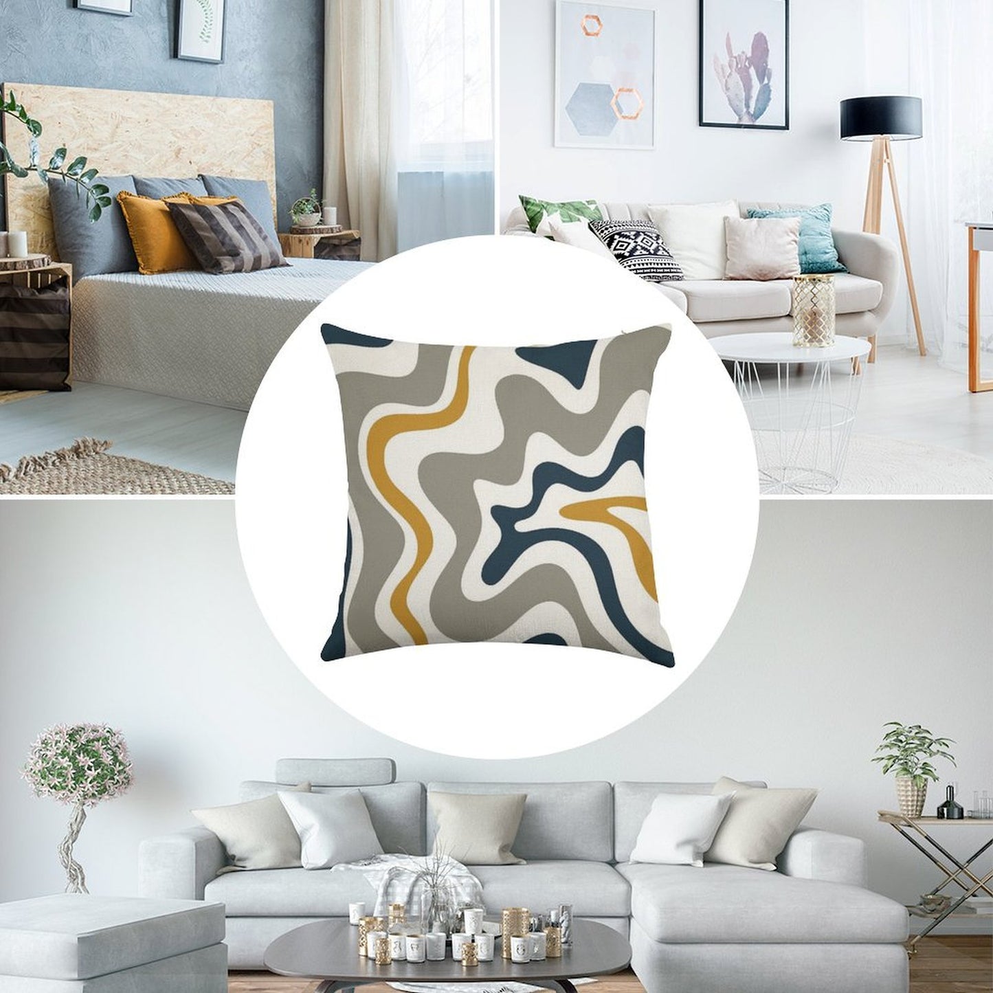 Liquid Swirl Contemporary Abstract in Mustard Yellow, Navy Blue, Grey, And White Linen Throw Pillow Cover