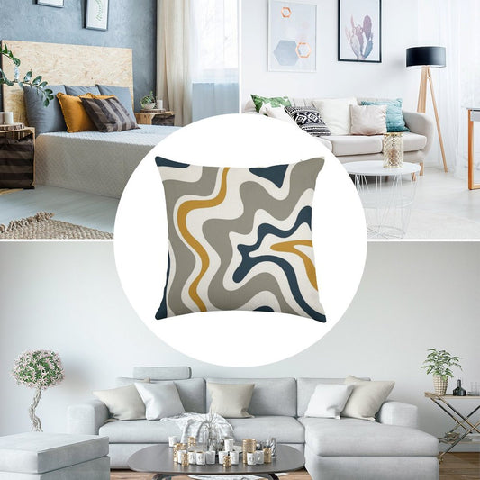 Liquid Swirl Contemporary Abstract in Mustard Yellow, Navy Blue, Grey, And White Linen Throw Pillow Cover