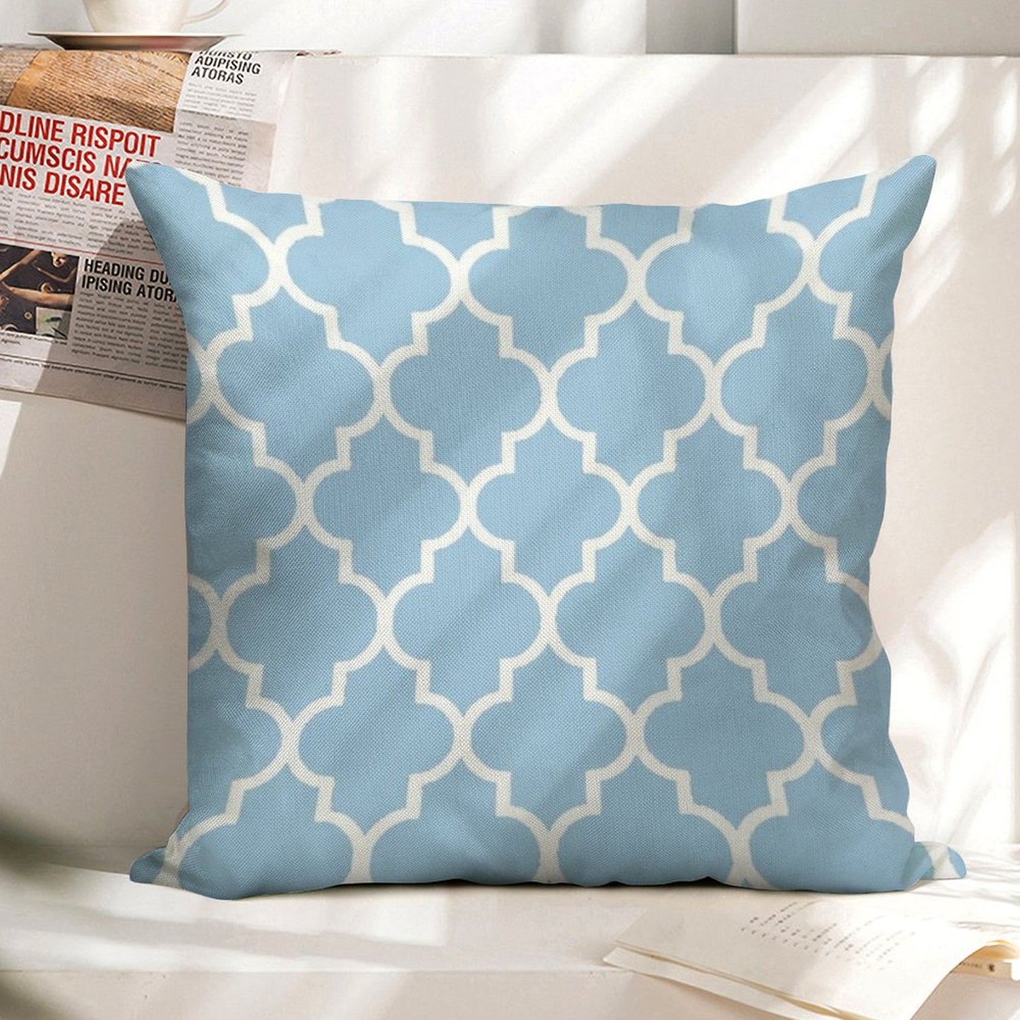 Moroccan Quatrefoil, Light Blue And White Linen Throw Pillow Cover
