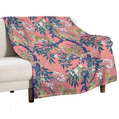 Leopards in Chinoiserie Garden in Blue And Orange Throw Blanket