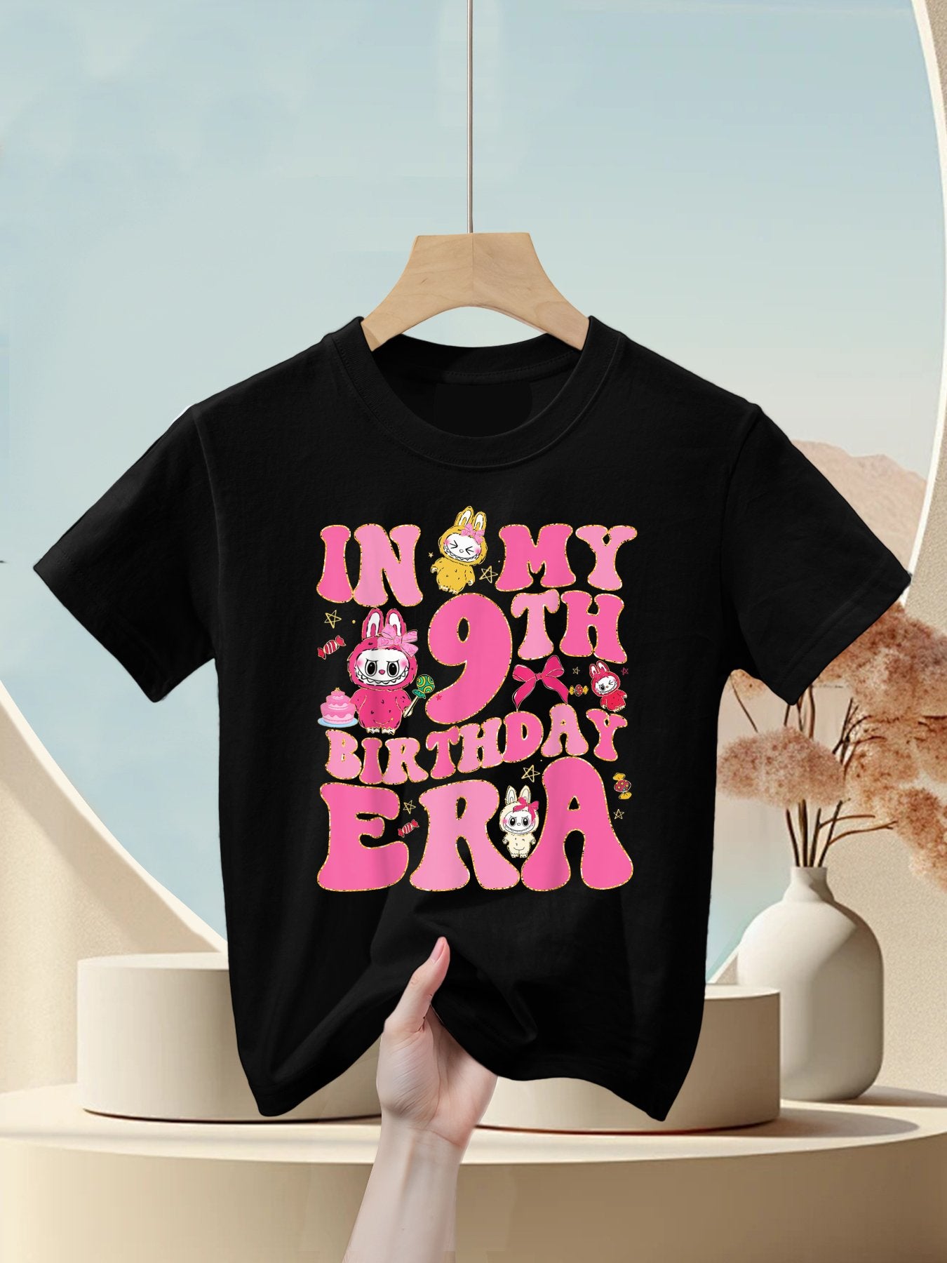 Groovy In My 9th Birthday Era Girls Kidsns Labubu Bday Kids T-Shirt