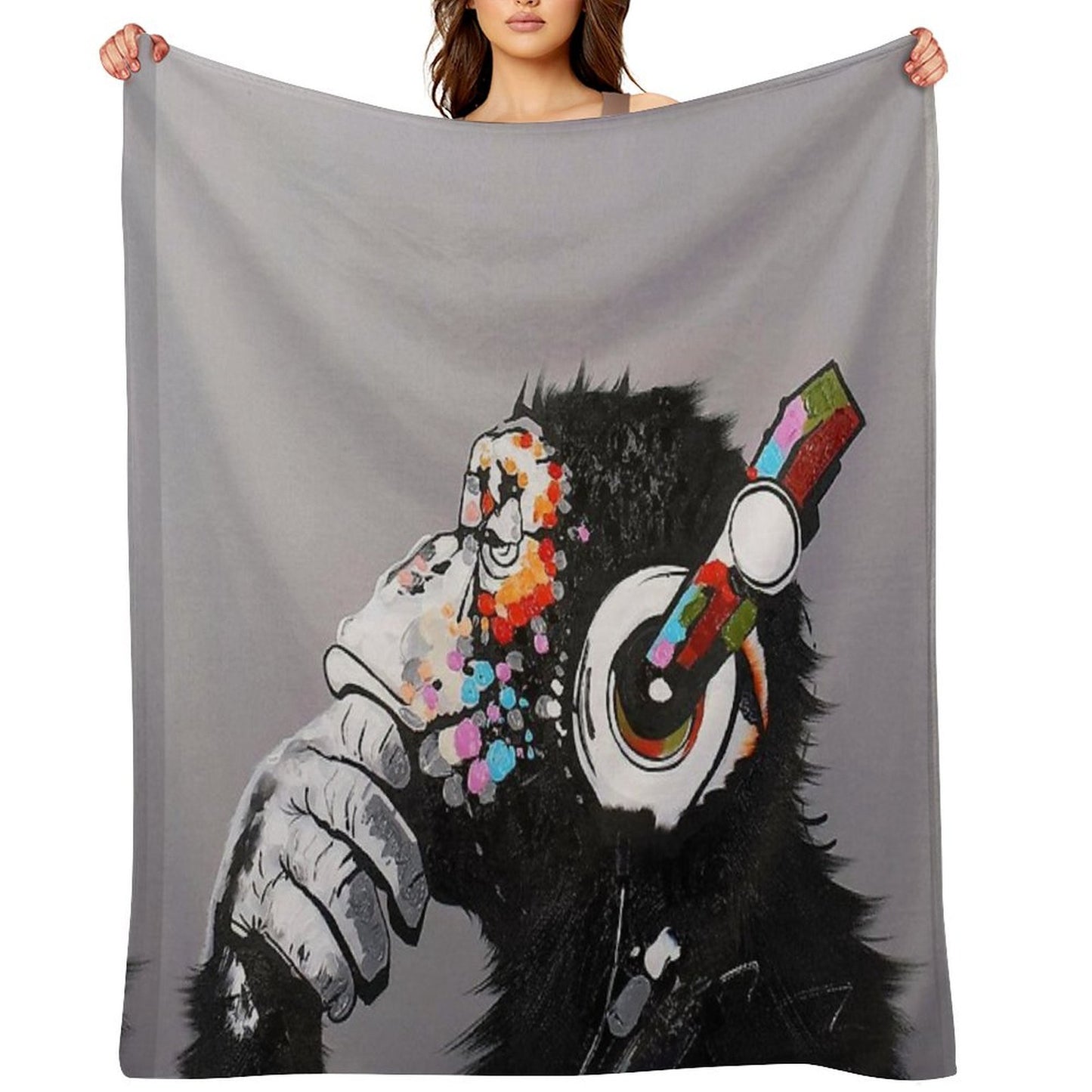 DJ Monkey With Headphones Thinking - Thinker Chimp Throw Blanket