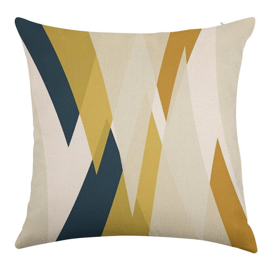 Triangular Abstract in Mustard Yellows, Navy Blue, And Blush Tones. Minimalist Geometric Linen Throw Pillow Cover