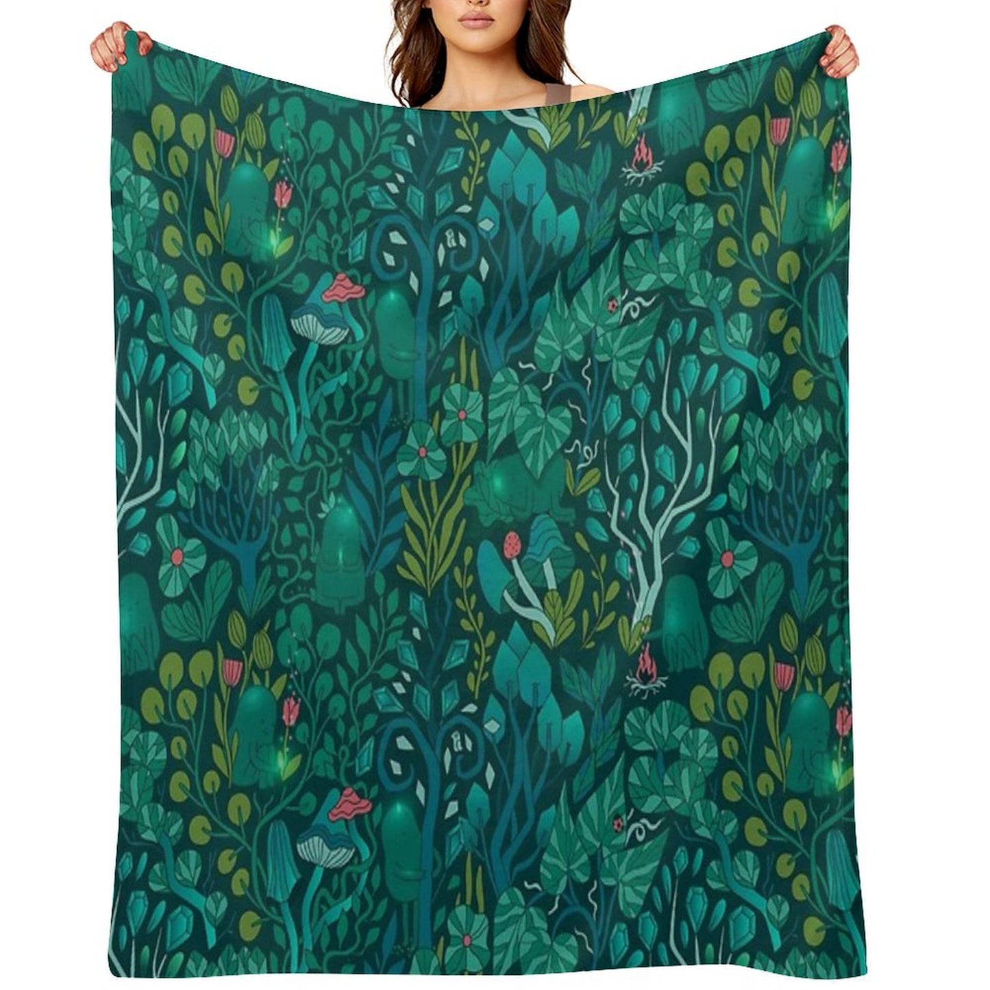 Emerald Forest Keepers. Fairy Woodland Creatures. Tree, Plants And Mushrooms Throw Blanket