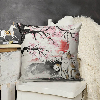 Sakura Cat Linen Throw Pillow Cover