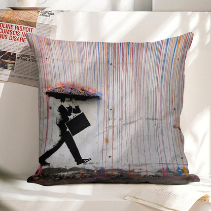 Banksy Umbrella Rainbow Happy Girl Linen Throw Pillow Cover
