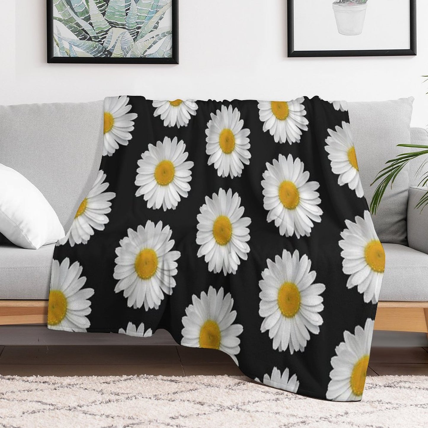Modern Simple Elegant White Daisy Flowers on Black Throw Blanket